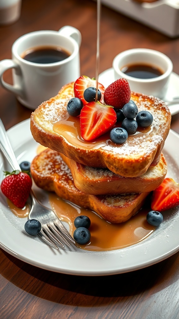 A stack of golden-brown French toast topped with fresh fruits and maple syrup on a breakfast table.
